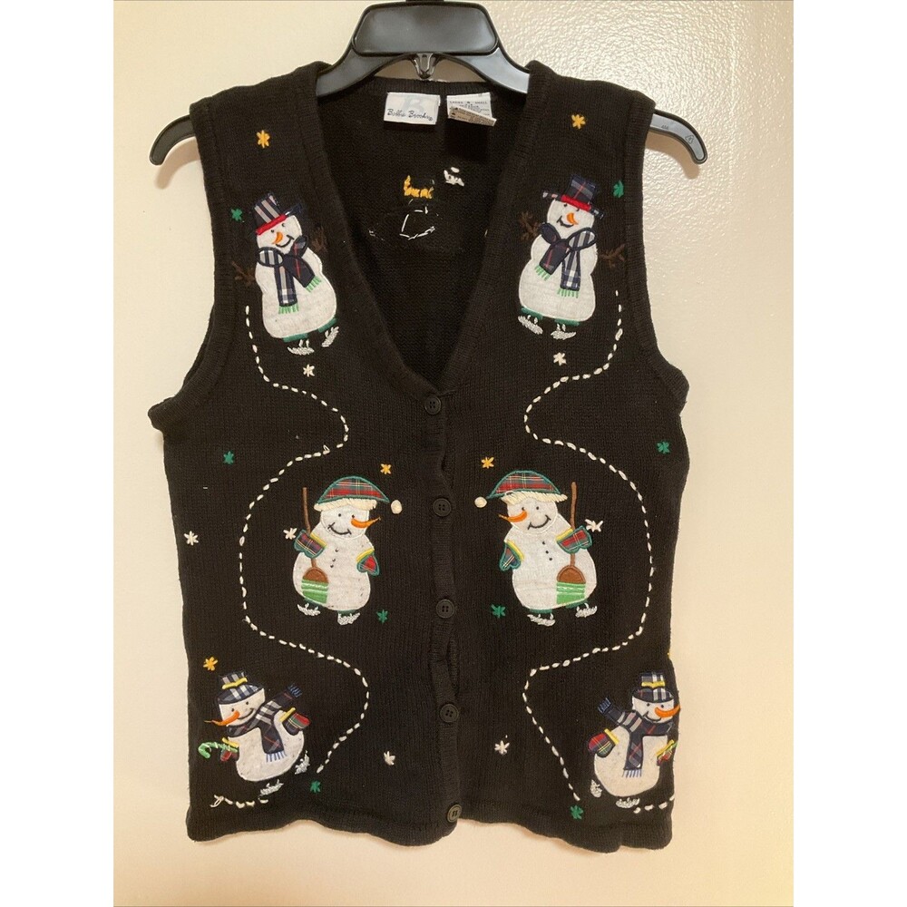 Bobbie Brooks Women’s S Black Snowman Christmas Vest Knit Embroidered